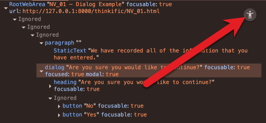 Accessibility tree of UI with red arrow pointing at the button to display the tree